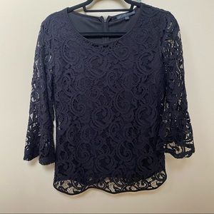 Adrianna Papell Black Lace 3/4 Bell Sleeve Top Sz M NWOT